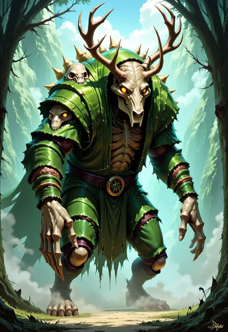 Dark-Fantasy-Cardd-Flux.V1.0 dark fantasy style illustration with Detailed hand, Perfect hand, that features massive undead monster with features of multiple animals combined intro him. The creatures head is a massive skull the resambles a sabertooth tiger, and out his skull grow massive antlers and multiple horns, eyes of the creatue are glowing yellow. Thre creatures body is covered in multiple lesser animal skulls, some of them also have yellow eyes and they are staring in all directions. The creature is wearing a massive cloak of leaves and vines, that connects with white fog cloth that emits a massive creeping fog that covers majority of the ground. Most of mosnter body is covered with leaves, that form massive cloak, only his hands and and massive skull are visible outside of the cloack The creature has a long, massive bone finger and is pointing intro viewers direction.