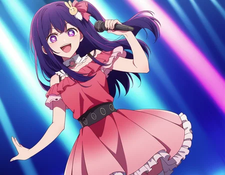 score_9, score_8_up, score_7_up, source_anime,
aihoshino, <lora:ai-hoshino-s1-ponyxl-lora-nochekaiser:1>,
ai hoshino, long hair, bangs, purple eyes, purple hair, symbol-shaped pupils,
one side up, hair ornament, hair ribbon, skirt, thighhighs, white thighhighs, zettai ryouiki, idol, dress, pink dress, sleeveless, pink skirt, frilled skirt, bare shoulders, collar, white collar,
stage, stage lights, microphone, holding microphone, singing, open mouth, smile,
looking at viewer, cowboy shot, dutch angle, solo,