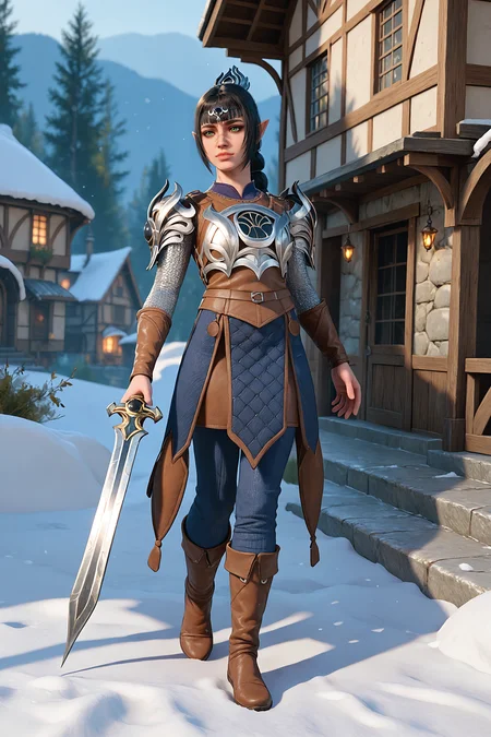 5h4rt, cl3r1c, trompe-l'Åil, full body, holding something, snow-covered village, score_9, score_8_up, score_7_up, 1girl, solo, <lora:5h4rt:1.0>