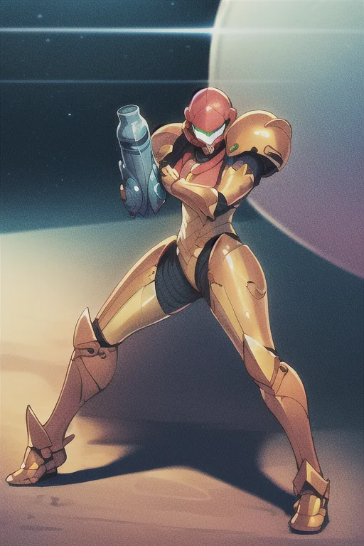 1girl, masterpiece, best quality, samusaran, armor, <lora:Samusaran:0.8>, dynamic pose, helmet, arm cannon