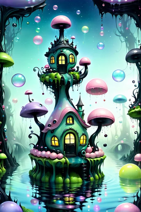 Enchanted Swamp with Bubble Houses - A dark, enchanted swamp where tiny bubble-like houses float on the water's surface. Fae creatures with long, whimsical limbs peek out of the bubbles, their wings reflecting in the murky waters below. <lora:EnvyPastelGoth02-prodigy-batch6:1> <lora:SDXLFaeTastic2400:1> <lora:Goth_SDXL_V1:1> <lora:LowBrowXL:1> <lora:GothGirlLorav0.1:1>