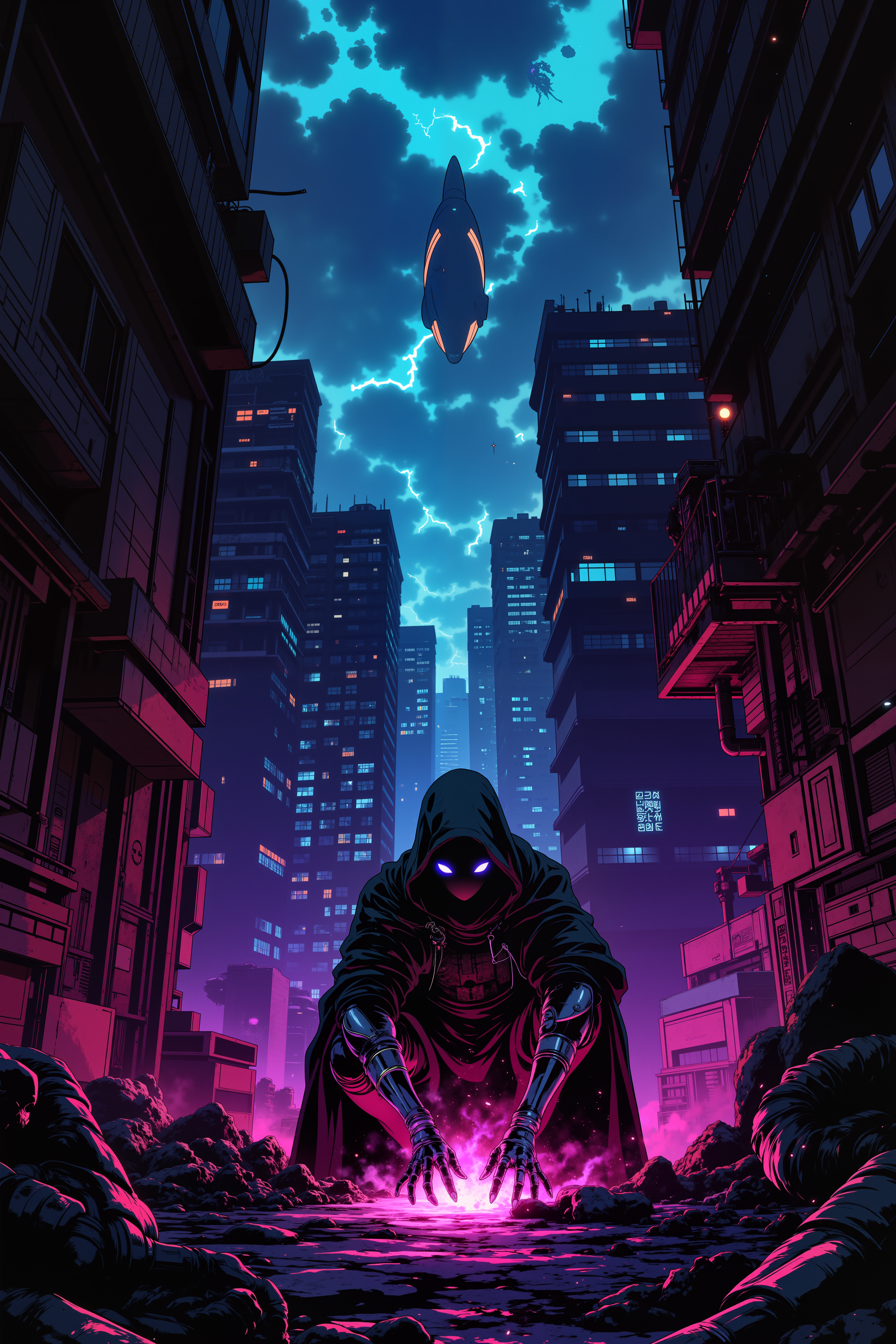 ne0nfant4sy, In a dark, neon-lit alleyway in a dystopian megacity, a rogue with glowing violet eyes and sleek, cybernetic limbs crouches over the unconscious body of a security drone, his hand crackling with a strange blend of magic and tech as he hacks into its core. The buildings around him are a chaotic mix of towering skyscrapers made of sleek steel and crumbling ruins covered in ancient, faded glyphs. Holographic advertisements flicker above, displaying magical artifacts alongside cybernetic enhancements, while the faint hum of an arcane barrier buzzes in the distance, separating the wealthy districts from the slums. The rogueâs black cloak shimmers faintly with enchantments designed to mask his presence from both tech-based scanners and magical wards. Above, the sky is a swirling mass of dark clouds pierced by beams of light from floating platforms, while below, a low hum vibrates through the ground as a massive airship passes overhead. The air is thick with the smell of ozone and the faint scent of something otherworldly, as the rogue finishes his hack, triggering a silent explosion of energy that takes out the nearby drones. The scene is a perfect blend of magic-infused stealth and high-tech sabotage in a world where ancient spells and futuristic systems coexist uneasily.<lora:RetroAnimeFluxV1:0.5><lora:NeonFantasyFLUX:0.3>