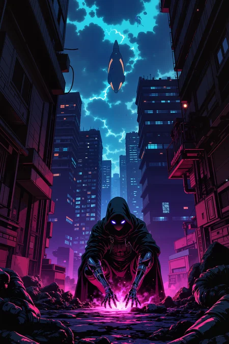 ne0nfant4sy, In a dark, neon-lit alleyway in a dystopian megacity, a rogue with glowing violet eyes and sleek, cybernetic limbs crouches over the unconscious body of a security drone, his hand crackling with a strange blend of magic and tech as he hacks into its core. The buildings around him are a chaotic mix of towering skyscrapers made of sleek steel and crumbling ruins covered in ancient, faded glyphs. Holographic advertisements flicker above, displaying magical artifacts alongside cybernetic enhancements, while the faint hum of an arcane barrier buzzes in the distance, separating the wealthy districts from the slums. The rogueâs black cloak shimmers faintly with enchantments designed to mask his presence from both tech-based scanners and magical wards. Above, the sky is a swirling mass of dark clouds pierced by beams of light from floating platforms, while below, a low hum vibrates through the ground as a massive airship passes overhead. The air is thick with the smell of ozone and the faint scent of something otherworldly, as the rogue finishes his hack, triggering a silent explosion of energy that takes out the nearby drones. The scene is a perfect blend of magic-infused stealth and high-tech sabotage in a world where ancient spells and futuristic systems coexist uneasily.<lora:RetroAnimeFluxV1:0.5><lora:NeonFantasyFLUX:0.3>