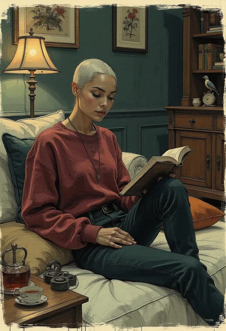 (highly detailed, colored sketch, in the style of ck-ccd, vantablack) illustration featuring bald young woman reclining on plush floor cushion in dimly lit, atmospheric room. Deep bronze skin, smooth shiny scalp. Wears oversized burgundy knit sweater slipping off one shoulder, fitted dark green corduroy pants with subtle stitching. Expression serene, fingers lightly grazing the edge of a worn sketchbook.  
Room filled with eclectic, moody decor. Behind her, vintage brass floor lamp with stained-glass shade casts warm glow. Velvet throw pillows in deep navy and burnt orange scattered around. To her left, open wooden crate filled with old film reels and scattered polaroids. Low coffee table nearby holds half-empty ceramic teacup, unlit candle, and antique pocket watch. Against the wall, dark bookshelf stacked with leather-bound books, small taxidermy bird perched on top. Walls deep charcoal with faint traces of hand-painted floral patterns, adding subtle texture. Soft lighting, muted earthy tones, intricate details create introspective, nostalgic ambiance.