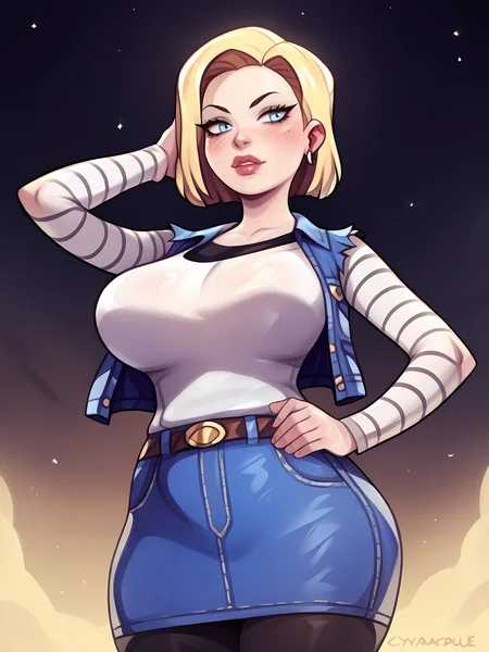 score_9, score_8_up, score_7_up, score_6_up, score_5_up, score_4_up, rating_safe
BREAK
android 18, blonde hair, light blue eyes, bob cut, forehead,
BREAK
solo, standing, skinny, large breasts, white shirt, denim jacket, denim skirt, black leggings, thigh gap, adjusting hair,
BREAK
black background, from below,
BREAK
cinematic, cyancapsule, <lora:Lunas-CyanCapsule-SDXL-A1:1>