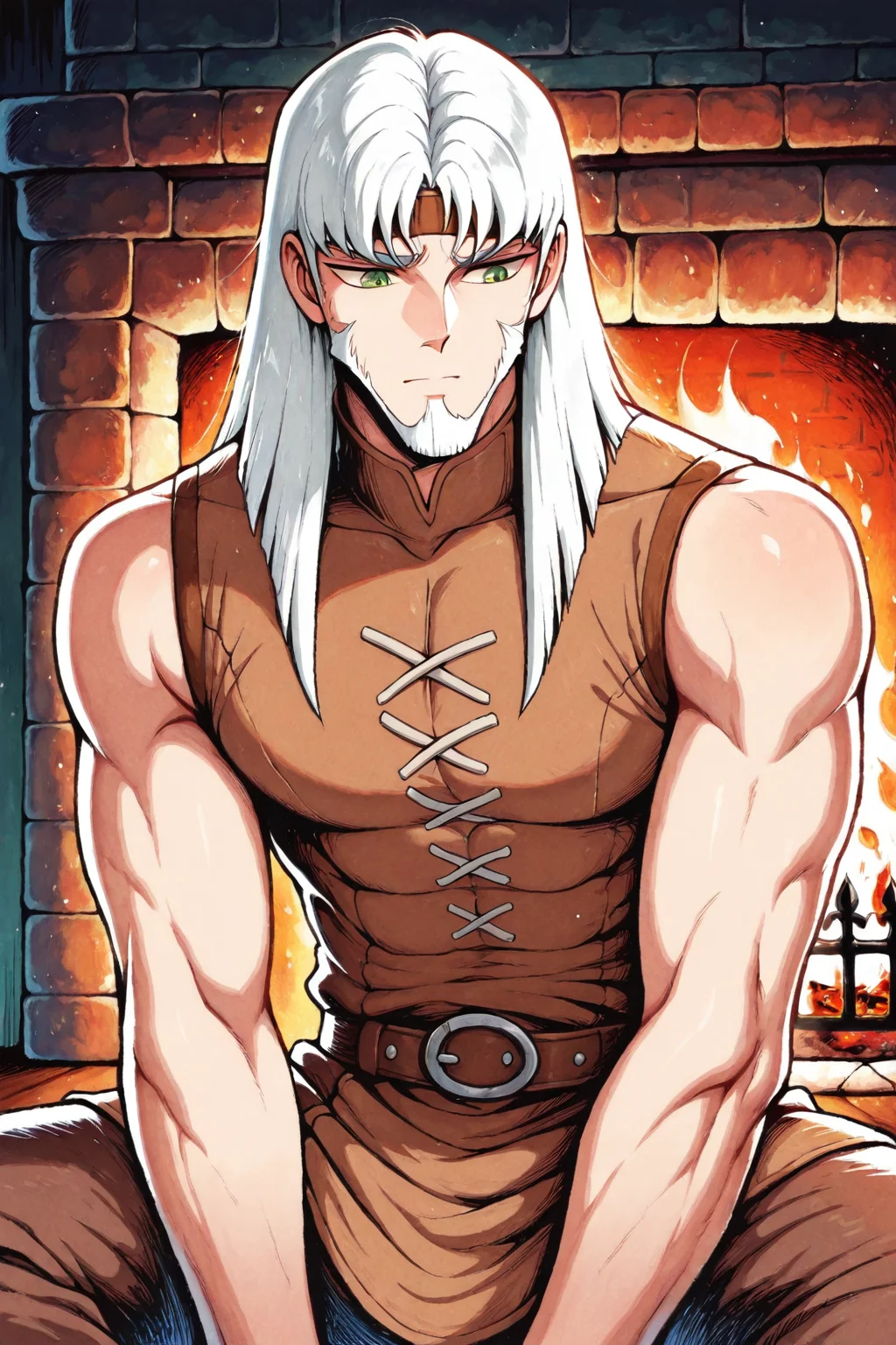 masterpiece,best quality,amazing quality, hatching (texture), FMIXF, vibrant details, vibrant colors, SSTHR, 1boy, male focus, toned male, medium hair, white hair, beard, green eyes, blunt cut, brown headband, sleeveless, brown tunic, sitting, fireplace, solo