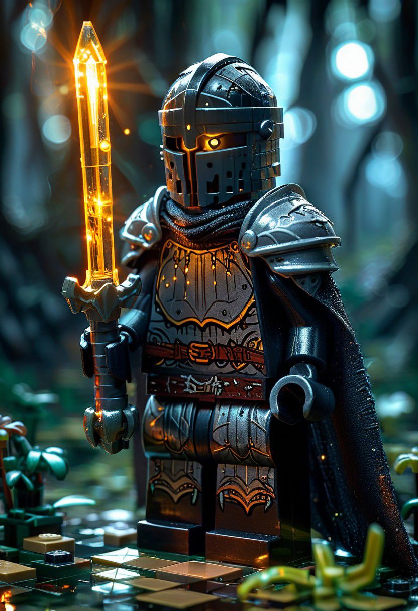 Close up shot of a fantasy black Lego knight, wearing torned linen clothes and a shiny armor beneath, wielding a glowing magic staff in darkness, staff with veil of light, swamp background, Lknight, HD, masterpiece, best quality, hyper detailed, ultra detailed, super realistic