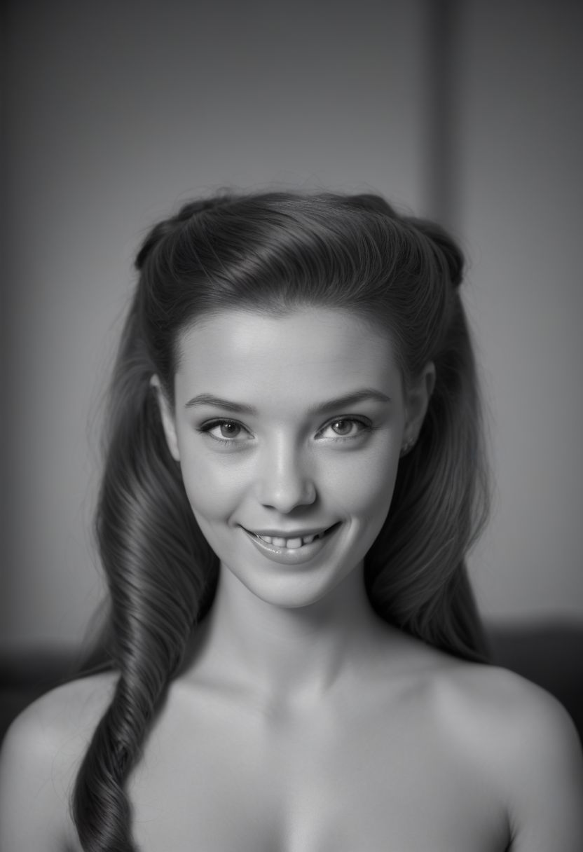 julia, long hair, 1girl, lips, solo, hair ornament, breasts, dress, film grain, monochrome,  lipbite, portrait, 1960's hairdo, formal hairstyle, glamour,  cleavage:1.7, headshot, realistic, photograph, 8k, sexy, (looking at viewer), bokeh background, smile, grin, satin, eye focus, greyscale