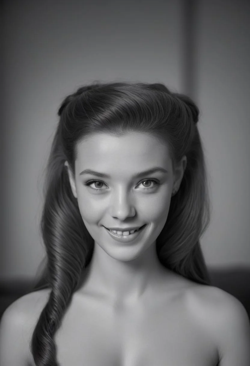 julia, long hair, 1girl, lips, solo, hair ornament, breasts, dress, film grain, monochrome, lipbite, portrait, 1960's hairdo, formal hairstyle, glamour, cleavage:1.7, headshot, realistic, photograph, 8k, sexy, (looking at viewer), bokeh background, smile, grin, satin, eye focus, greyscale