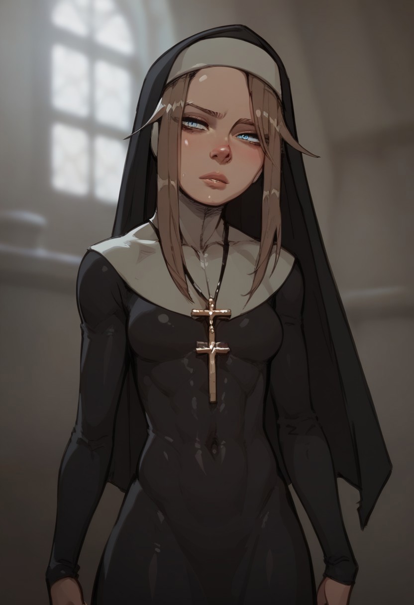 score_9, score_8_up, score_7_up,toned body,perky breasts,shiny skin,elegant woman,perky breasts,Gardie, brown hair, blue eyes, habit, nun , nun dress, cross necklace,in a church