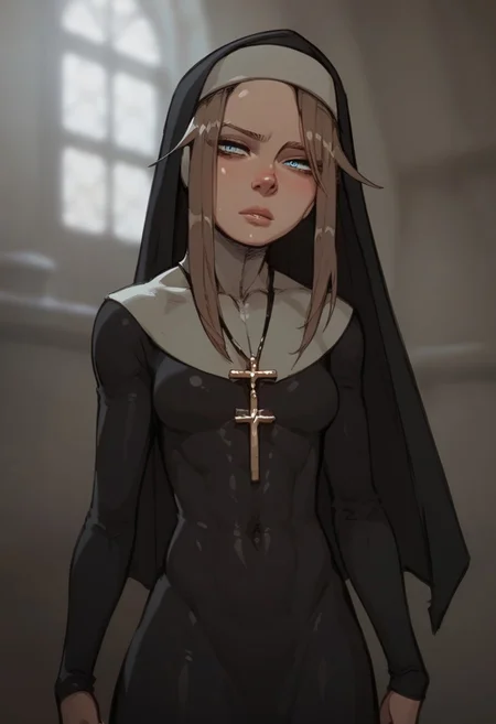 score_9, score_8_up, score_7_up,toned body,perky breasts,shiny skin,elegant woman,perky breasts,Gardie, brown hair, blue eyes, habit, nun , nun dress, cross necklace,in a church