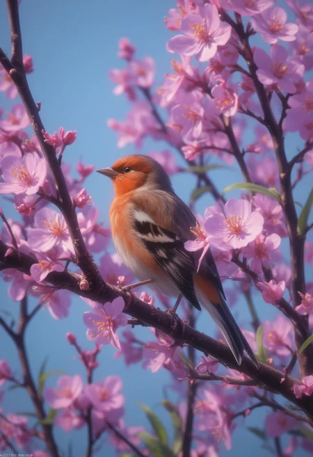 a tiny finch on a branch with spring flowers on background:1.0, aesthetically inspired by Evelyn De Morgan, art by Bill Sienkiewicz and Dr. Seuss, ray tracing, volumetric lighting, octane render
