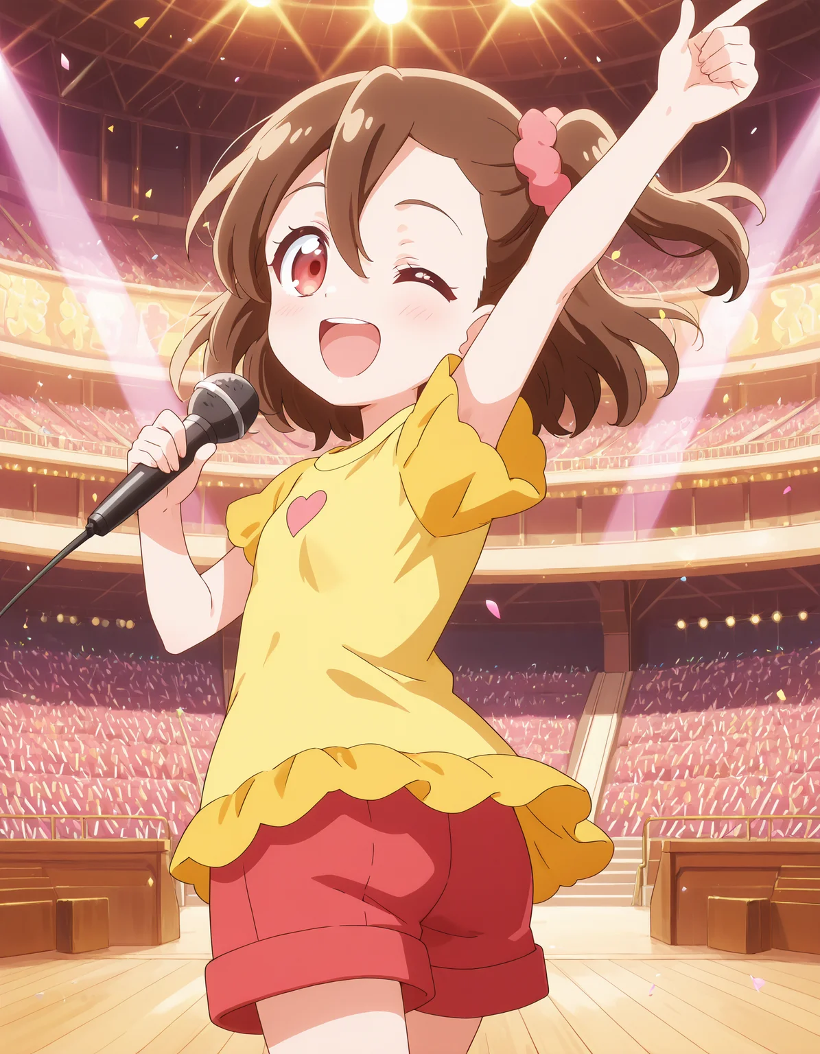 ,
<lora:illustrious_best_quality_v1:0.8>,<lora:anime screencap-Illustrious:0.8>,<lora:spo_sdxl_10ep_4k-data_lora_webui:0.5>,
masterpiece,best quality,amazing quality,very aesthetic,absurdres,newest,huge filesize,anime screencap,anime coloring,official art,official style,game cg,super fine illustration,Super Detail,4k,8k,
 BREAK
questionable,
 BREAK
<lora:From_behind_-_on_stage:1>,standing,concert,from behind,stage,stage light,faceless,performance,audience,holding,microphone,smile,happy,(;d:1.3),arm up,index finger raised,jump,
 BREAK
<lora:sakurahamori_IL:0.7>,1girl,solo,female child,(sakurahamori:1.3),brown hair,one side up,short hair,hair between eyes,bangs,red eyes,small breasts,,red shorts,pink scrunchie,scrunchie,yellow shirt,hair ornament,hair ornament,hair scrunchie,