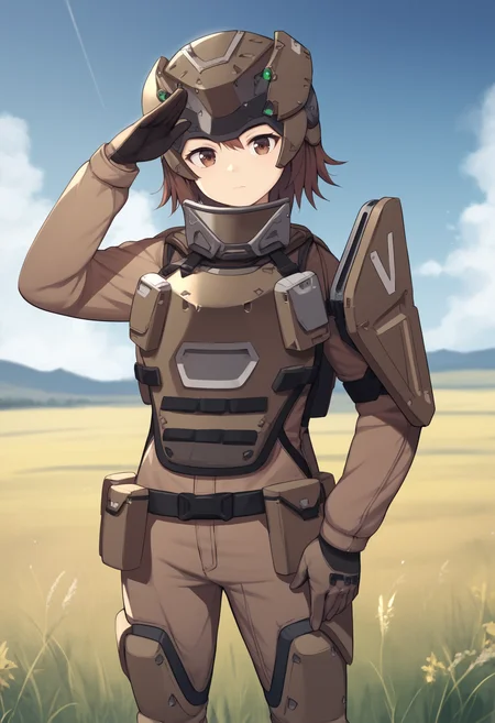 score_9, score_8_up, score_7_up, source_anime BREAK 1girl, solo, <lora:product12-nikke-richy-v1_pdxl:1> prdct12, brown eyes, helmet, brown hair, short hair, brown armor, single shoulder pad, gloves, backpack, looking at viewer, standing, closed mouth, salute, arm up, arm at side, outdoors, blue sky, field, hand in pocket