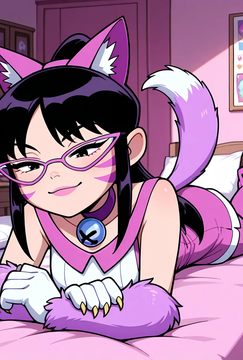 <lora:nyancychan-10:1> nyancychan, black hair, 1girl, long hair, cat ears, purple glasses, claws, gloves, neck bell, purple choker, whisker markings, ponytail, pink pants, short dress, sleeveless, sharp canines, pink lipstick, expressive, facial expression,(( cartoon, screencap)), half closed eyes, seductive look, prone, smiling, purple cat tail, girly bedroom, pink bedroom theme,, masterpiece, best quality, amazing quality, very aesthetic, absurdres, newest,