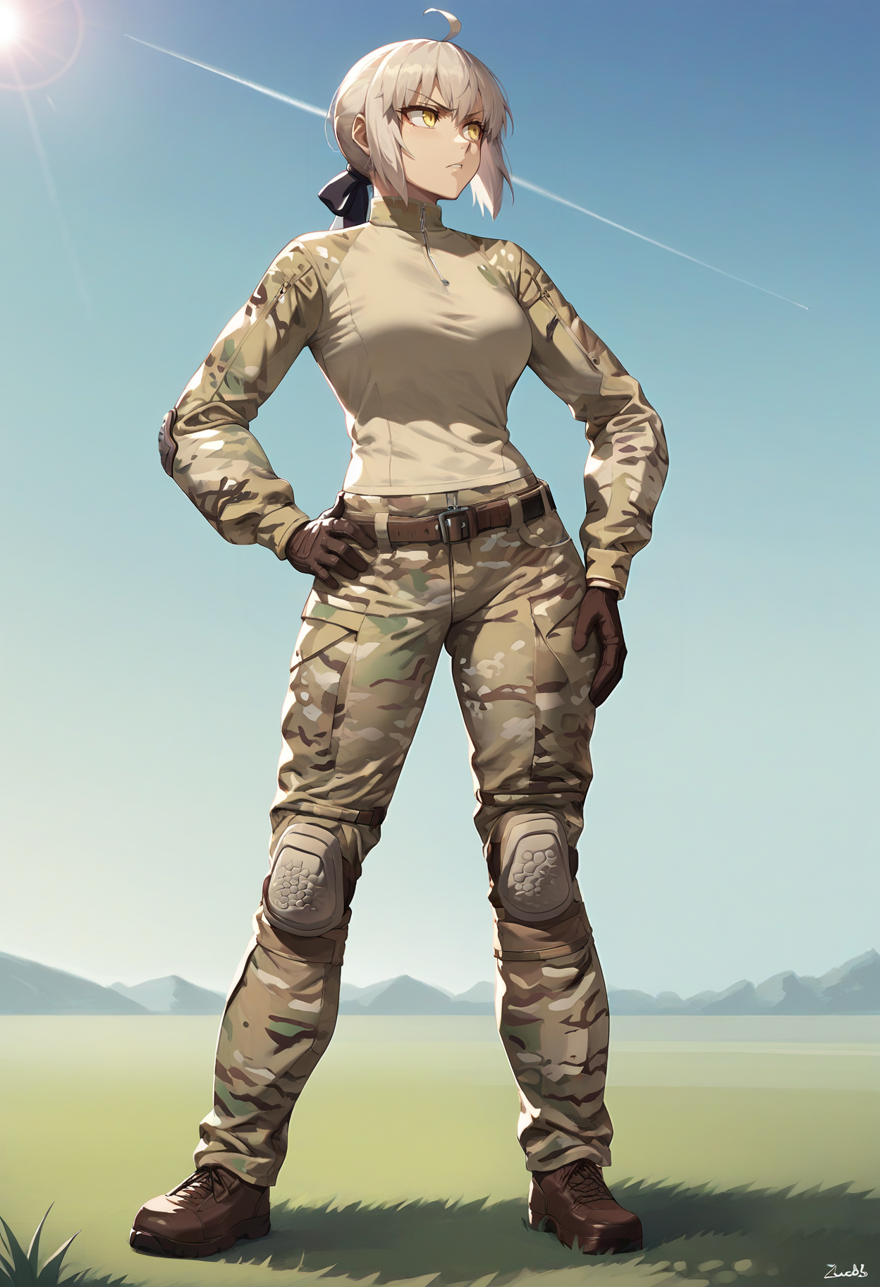 score_9, score_8_up, score_7_up, score_6_up, 1girl, solo, saber alter,
<lora:G4MulticamUniform:0.8>, G4MulticamUniform, camouflage, camouflage pants, camouflage shirt, shirt tucked in, zipper, belt, knee pads, brown footwear, brown gloves,
looking away, standing, serious, hand on own hip, full body,
BREAK, blue sky, on grass, sunlight,