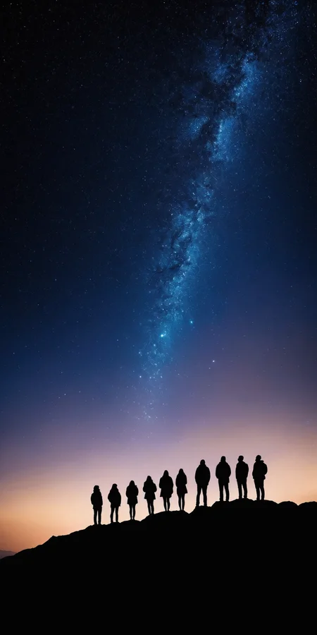 <lora:HMSGåªå½±XL-000001:0.8>,Group of people standing,silhouette,mountain top,starry night sky,mysterious,majestic,surrealism style,high contrast,high definition photography,black and deep blue colors,