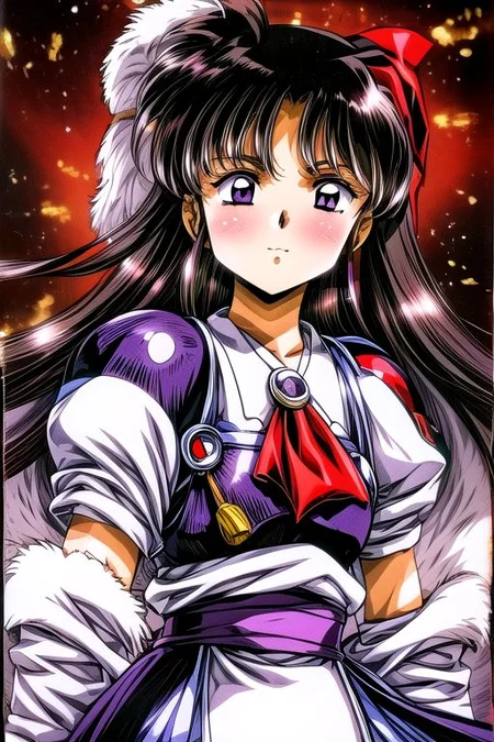 best quality 1girl Setsun4 solo long hair, (night time) forest background black hair very long hair purple eyes multicolored hair armor, small, (fur trim) (medium body),<lora:EMS-179-EMS:0.800000>,<lora:EMS-293862-EMS:0.800000> bow, hair_bow, hair_tubes, red_bow, brown_hair, long_hair, bangs, ascot, frilled_bow, yellow_ascot, blush, smile, hair_between_eyes, athletic, armor, miko, strengthmda, Smiling, happy, helmet