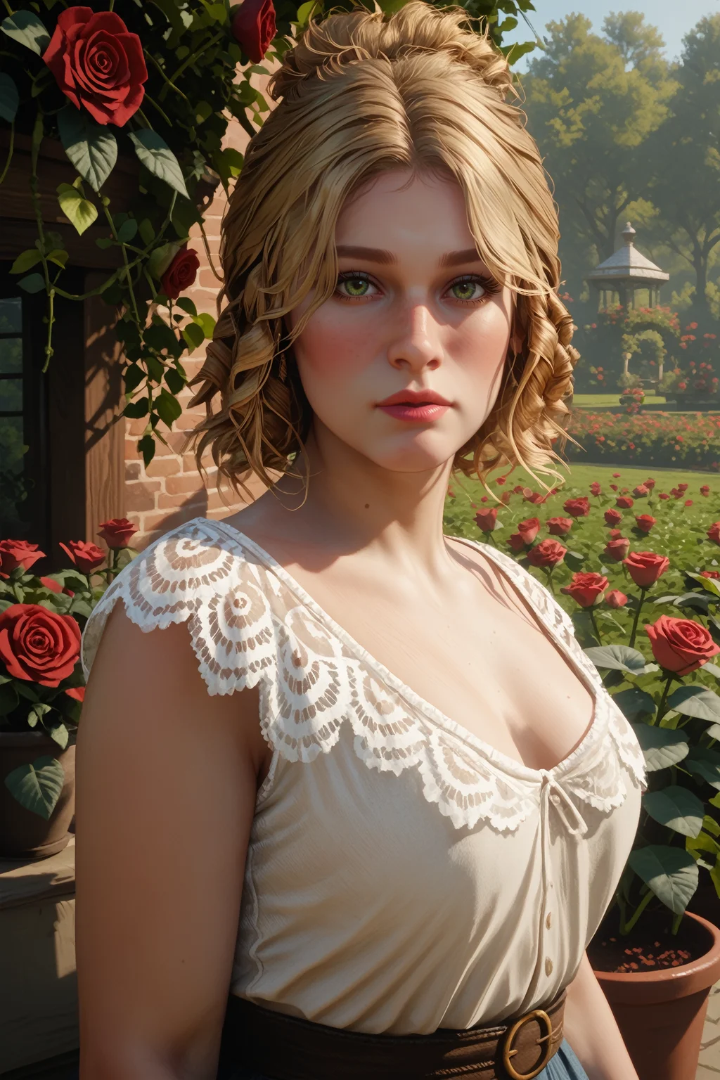 score_9, score_8_up, score_7_up,
<lora:RDR2Karen:0.8>
RDR2Karen, 1girl, blonde hair, green eyes, looking at viewer, rose garden, gardening, floral background