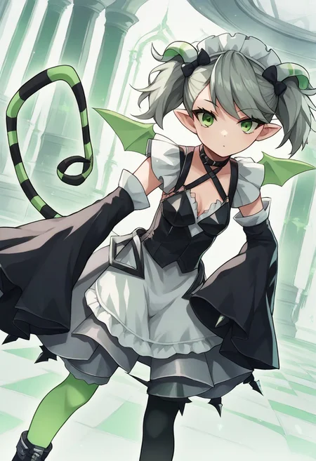 score_9,2d,source_anime,masterpiece,dutch angle,ygoarianna, 1girl, green eyes, green wings, green tail, green horns, green/black thighhighs, detached sleeves, maid, pantyhose, twintails,bent forward, looking at viewer, from front