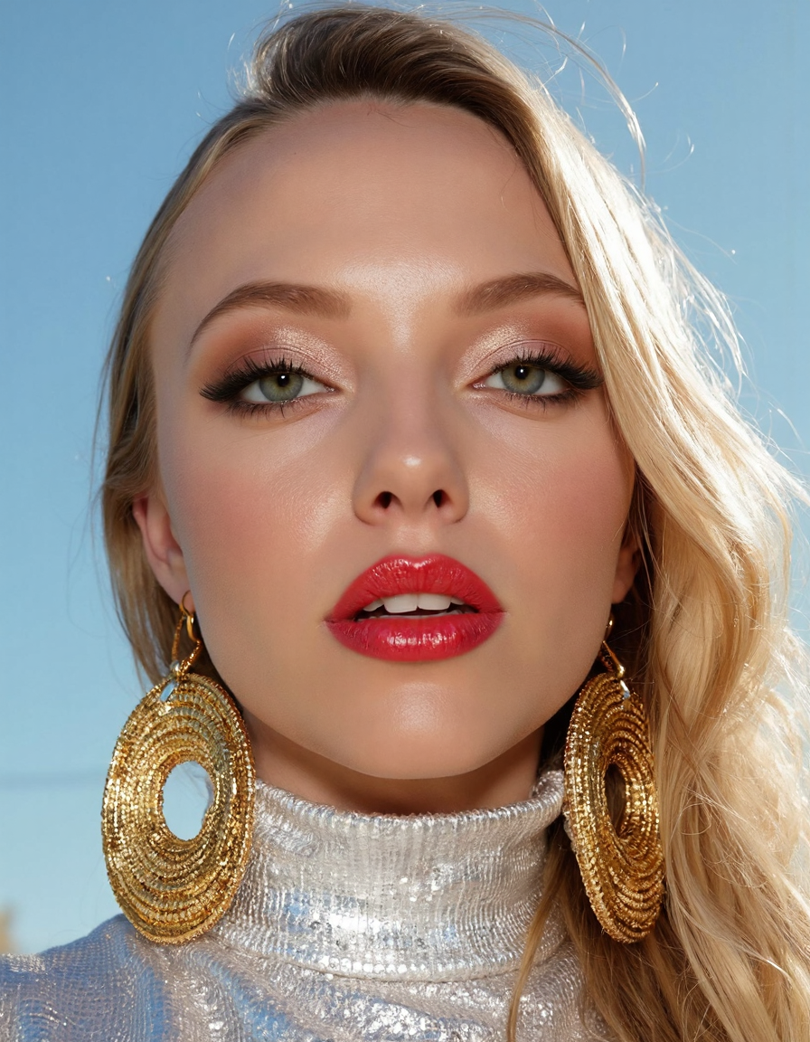 A hyper-detailed, avant-garde photograph featuring a striking woman with pale light skin against a clear, light blue sky. Her full-face close-up highlights the smooth texture of her flawless complexion. Shimmering metallic eyeshadow enhances the depth of her piercing gaze, while her glossy, deep red lips create a bold contrast to her skin. Large, intricately detailed golden hoop earrings reflect light, contributing to her modern allure. She wears metallic urban Buddhist monk clothing, with a turtle neck that enhances her avant-garde look. The reflective surfaces of her earrings and outfit create a dynamic interplay with the environment, emphasizing her sleek presence. The minimalist background allows the viewer to focus on her eye-catching fashion and makeup. Captured with a Sony A7R IV camera and a 50mm f/1.2 G Master lens for a beauty editorial shoot, this composition highlights her fashion-forward aesthetic. Inspired by avant-garde fashion photography from Sølve Sundsbø, this image blends contemporary fashion and minimalist elegance, embodying mythp0rt and niji_flux styles for a sleek, high-fashion vision. ((glow_skin, iridescent skin, oily skin, portrait)).