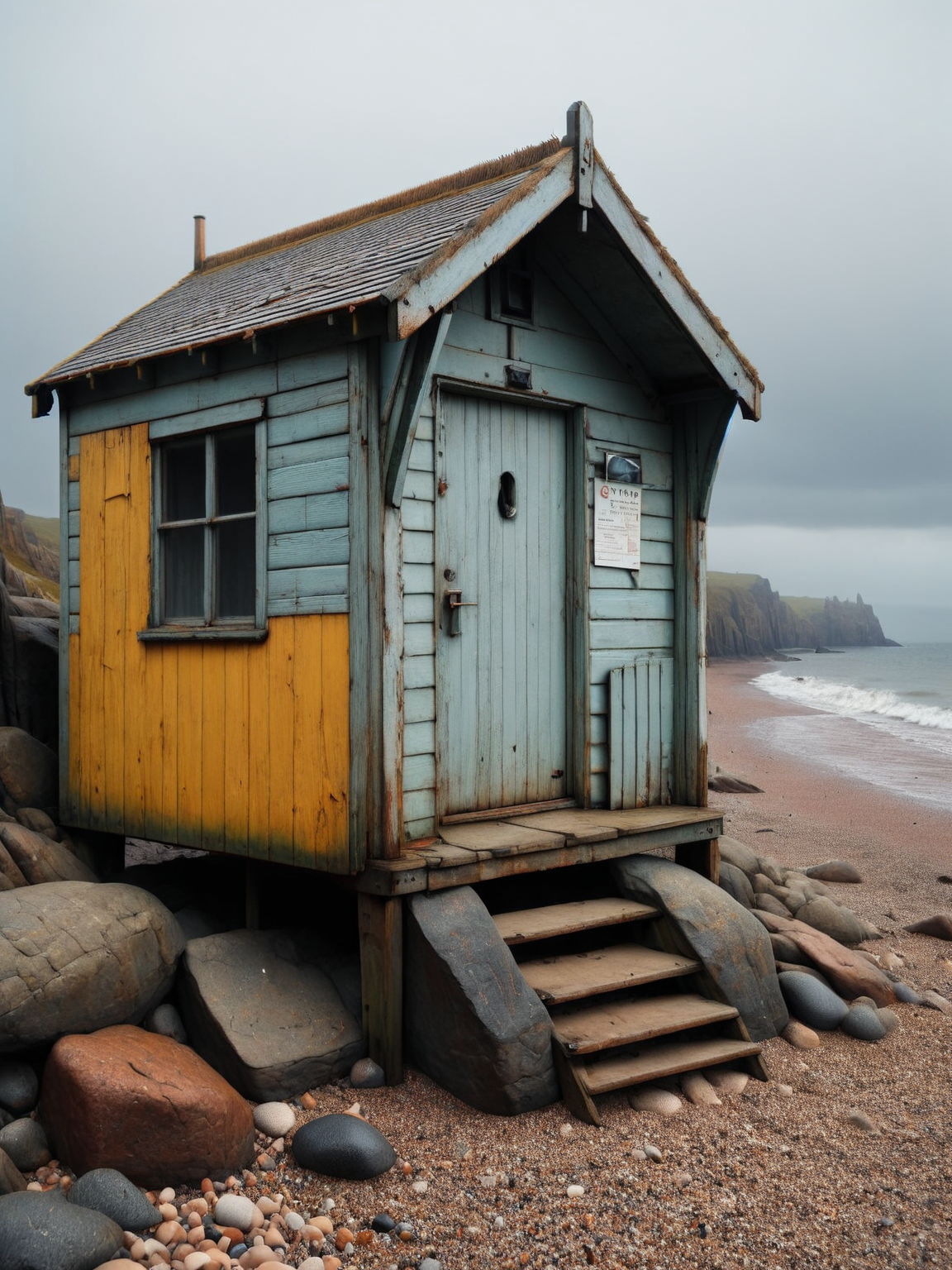 an ais-olde beach hut, on a rocky beach in north west England, grey sky, cloudy, <lora:Olde_Style_SDXL:1>