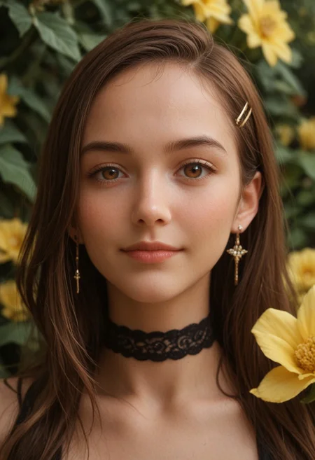 score_9_up, score_8_up, score_7_up, score_6_up, 1girl, 25 years old, perfect face, (adult), sexy,
detailed face, blush, shy smile, portrait, face focus, depth of field, looking at viewer, close up,
brown eyes,
brown hair, swept bangs, hair ornament, hairclip, black choker,
earrings,
garden, yellow flowers,