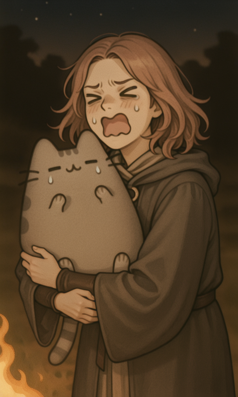 embedding:IllusP0s, lo-fi digital illustration, sepia, hugging Pusheen, hug, 1girl, solo, ><, yelling, scared, wavy mouth, melina_\(elden ring\), robe, outdoors, night<lora:PusheenIXL.safetensors:1.0:1.0> <lora:lo-fi digital illustration_sepia_illustrious.safetensors:1:1>