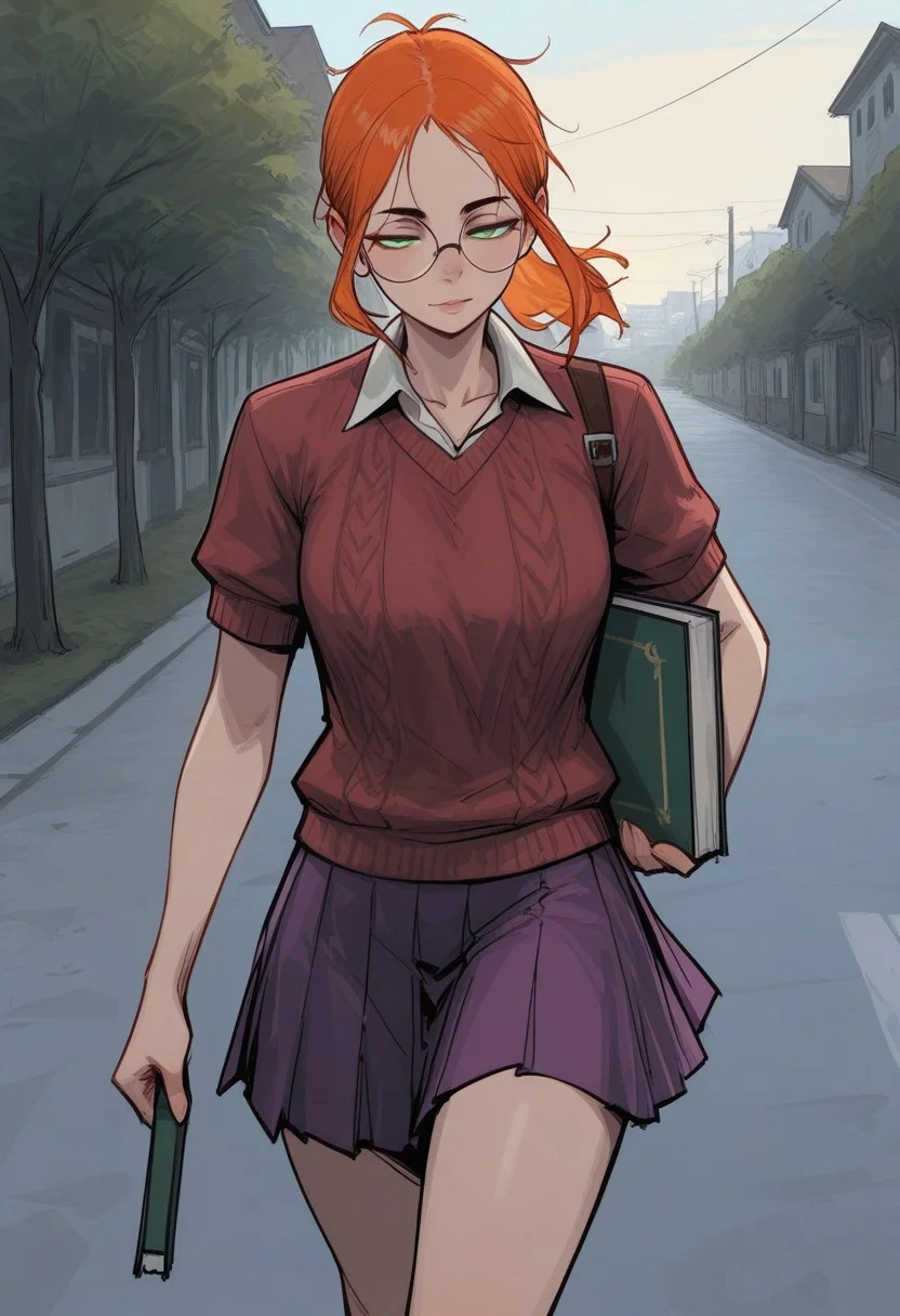 disco_elysium, painterly, disco_elysium_style, masterpiece, absurdres, solo, 1girl, woman, (caitlinf:1.2), green eyes, orange hair, ponytail, age 25, walking, round glasses, dark pink sweater, short sleeve sweater, knit sweater, medium skirt, pleated skirt, purple skirt, shirt collar, carrying books, pinup, half-closed eyes, perfect eyes, perfect quality, gorgeous girl, perfect face, college campus, outdoors, detailed shadows