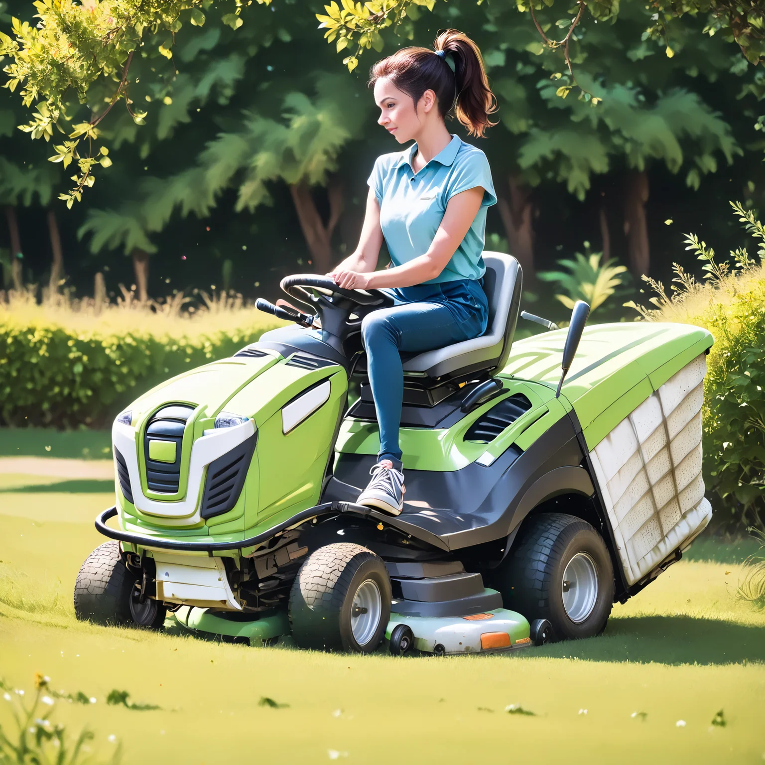 score_9, score_8_up, score_7_up, rilamo (side view) , (slim 25yo female) riding a lawn mower. blue short dress, sneakers , short brunette ponytail  <lora:RideLawnMowerPony:1>