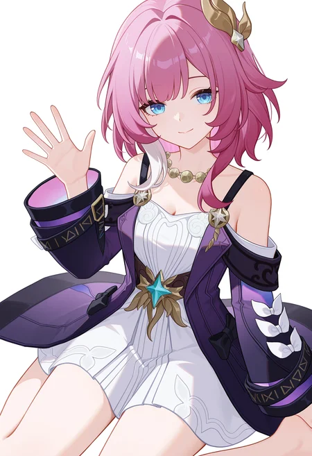 <lora:cyrene_illustrious-000060:1>,
cyrene \(honkai: star rail\),solo,dress,white dress,looking at viewer,long sleeves,closed mouth,smile,bare shoulders,open hands,hair ornament,jacket,jewelry,white_background,waving,wariza,