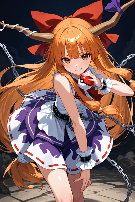 masterpiece, best quality, 1girl, solo, 21 year old model, eyelashes, (beautiful eyes), ,,, <lora:IbukiSuikaTouhouIXL:1.0>, zzSuika, brown eyes, hair bow, horns, long hair, low-tied long hair, oni horns, orange hair, very long hair, horn ribbon, sleeveless shirt, wrist cuffs, bow, ribbon, horn ornament, sleeveless, chain, skirt, shirt, (holding pokeball), dynamic pose, cowboy shot, leaning forward, smile, looking at viewer, shiny skin,