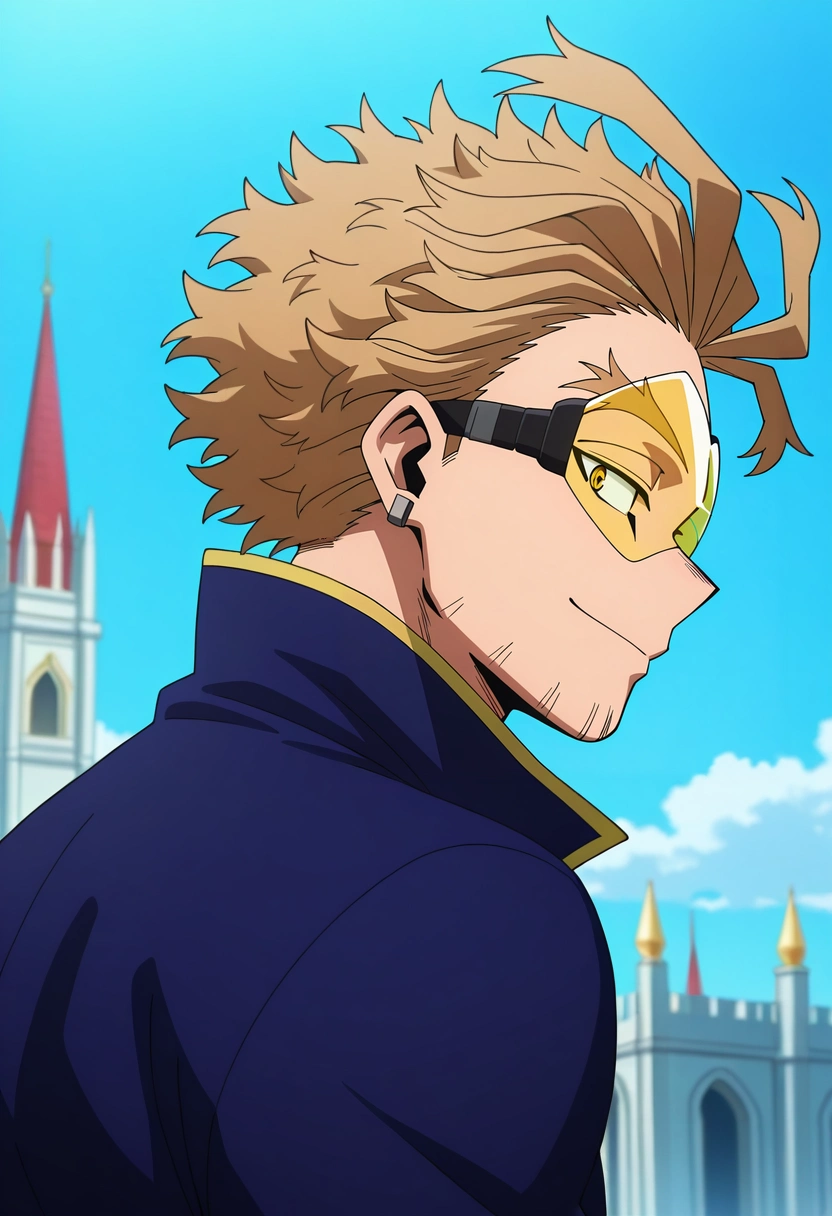 masterpiece, best quality, intricate details, anime screencap, anime coloring, , looking at viewer, 1boy, solo, male focus, <lora:keigo_takami_ilxl:0.94>, keigo_takami, hawks \(boku no hero academia\), blonde hair, yellow eyes, short hair, facial hair, stubble, tinted eyewear, goggles, profile, palace, day, sunny, (dynamic pose:1.2), happy, funny costume