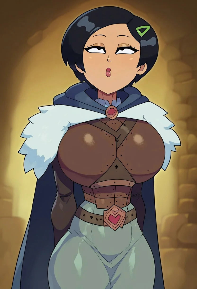 Marcy Wu, zPDXL, Expressiveh, source_anime, huge breasts, solo female, armor, black hair, short hair, green hairclip, grey skirt, black cape