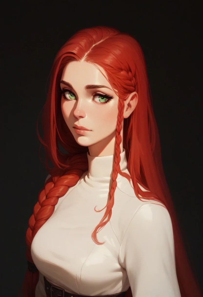 Score_9, score_8_up, score_7_up, score_6_up, 1girl, 20years old, Beautiful woman, long hair, red hair, white tunic, leather boots, uniform, single braid, green eyes,