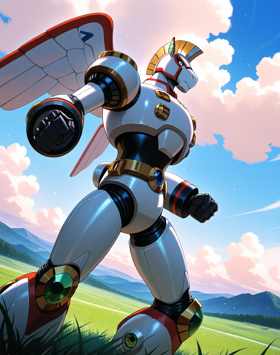 <lora:Spiral_Pegasus_(Mega_Man_X)_(Illustrious)_(AD):1> Spiral Pegasus, reploid, MMX, 
exterior, blue sky with clouds, mountain valley, grassy valley,
dutch angle, dynamic action, cowboy shot,
male focus, intense shadows, dynamic shadows, intricate details, attention to details, gradient coloring, robot, bright vivid colors, deep metallic colors, glossy metal body, 
BREAK very awa, masterpiece, best quality, amazing quality, very aesthetic, highres, absurdres,
EZRealPONYXL, zPDXL, Smooth Quality, lazynsfw,