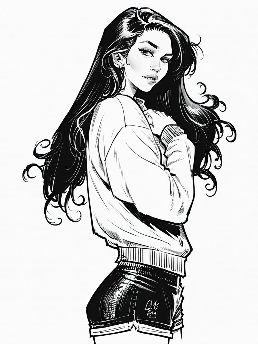 score_9, score_8_up, score_7_up, score_6_up, score_5_up,  <lora:CSXLP:1> cs, monochrome, 1girl, solo, long hair, shorts, looking at viewer, short shorts, cowboy shot, sweater, signature, dated, from side, parted lips, lips