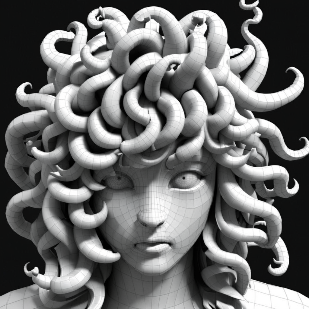 <lora:3dpolygonStyle:1>,3dm,monochrome,grey  grid color matching,Create a 3D animation style image of a Medusa