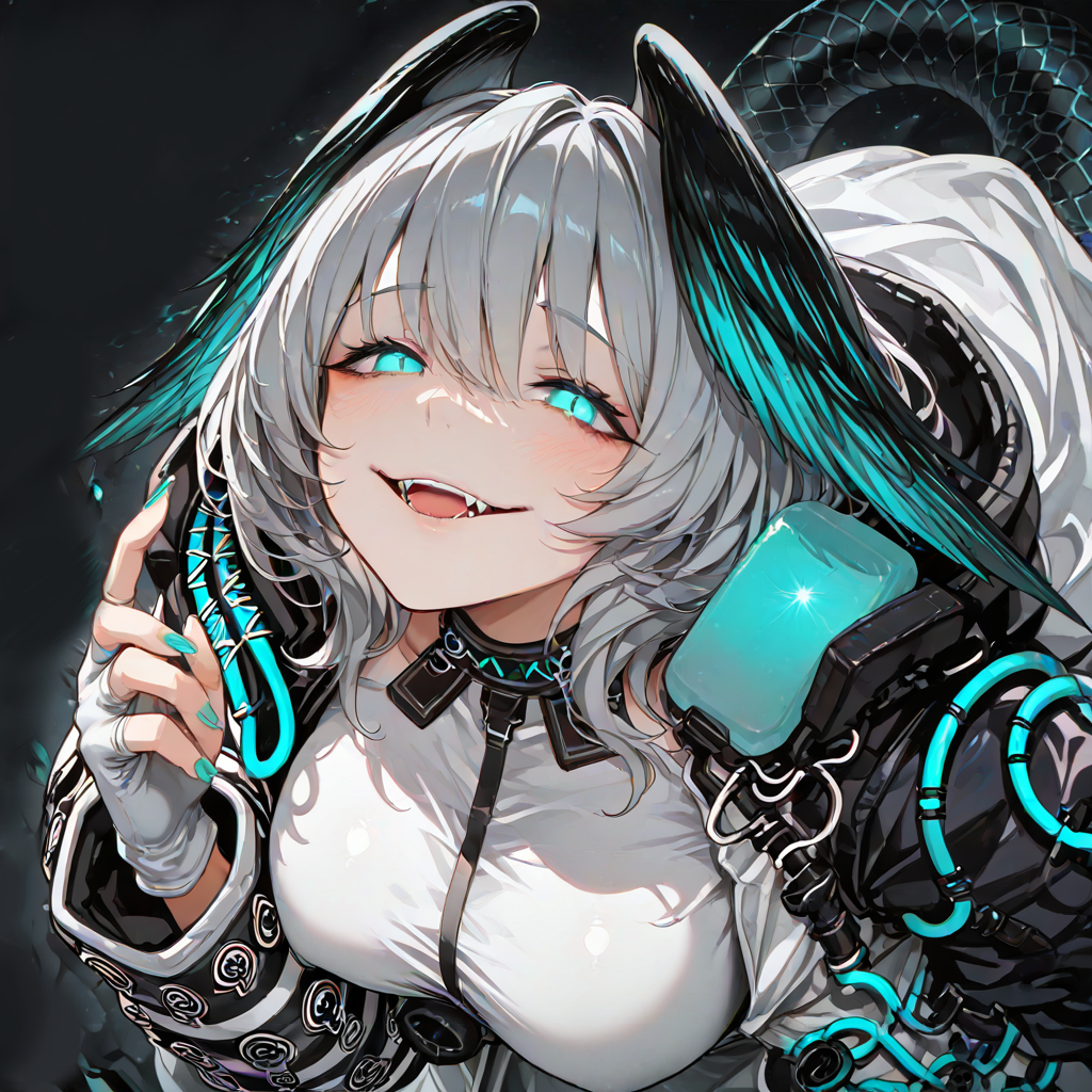 masterpiece, best quality, amazing quality, very aesthetic, absurdres, newest,
absurdres, highres, 1girl, aqua nails, black background, blunt bangs, coat, detached collar, fingernails, glint, glowing, glowing eyes, gradient hair, gradient wings, grey hair, hair between eyes, head wings, looking at viewer, looking up, multicolored hair, multicolored wings, open mouth, dynamic pose, shade, sharp fingernails, short hair, solo, upper body, wavy hair, wings, evil smile, full body