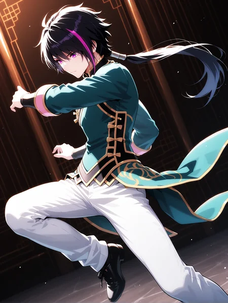 masterpiece, very aesthetic, best quality, solo, amazing quality, 24 years old, imtdlieren, 1boy, male, black hair, chinese clothes, pants, multicolored hair, purple hair, purple eyes, , low ponytail, long sleeves, streaked hair, white pants, shoes, black footwear, fit body, dynamic angle, dynamic pose, ramdom backgroun, detailed background