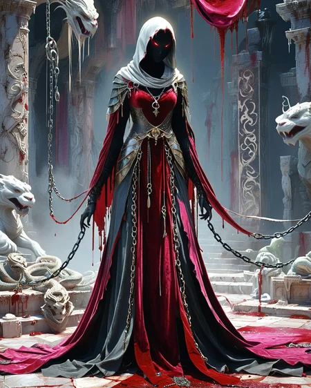 demon, hooded human sorcerer standing outdoors, raised dais, marble, sculptures, volumetric lighting, velvet robe, intense color, high contrast, corpses on the ground, blood dripping, chains, dungeon, giant serpent, partially clad beautiful princess, warrior hero trying to rescue princess, <lora:add-detail-xl:1.0>, <lora:xl_more_art-full_v1:0.4>, <lora:XSfenlie:1> fenliexl, <lora:lora:1>, realistic photo