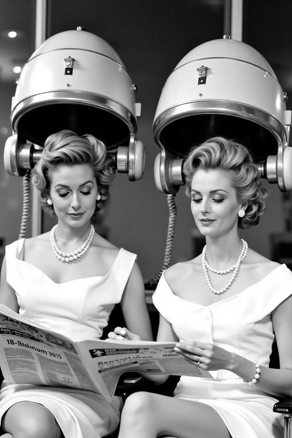 black and white vintage photo of  a woman in a white dress and pearl necklace is seated in a chair, reading a newspaper. She is flanked by two robot heads, each with a large vintage hair dryer on their head. The woman on the left is looking at the newspaper, while the man on the right is looking down at the paper. Both women are wearing large vintage hair dryers on their heads. The women are seated in front of a glass wall, their hair cascading down their shoulders. <lora:vintage_hairdryer2_nocap_d4a2e4:1.0><lora:805469297867568891:0>