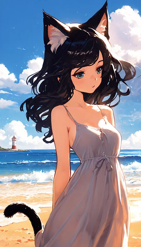 A contemplative woman with fluffy black kemonomimi (cat ears) and a cat tail strolls along a sun-drenched beach. She wears a flowing sundress and gazes pensively at the waves breaking on the golden sand. The sky is vast and filled with billowing clouds, with a distant lighthouse silhouetted against the horizon. Ethereal brushstrokes, ultra-detailed face, anime illustration, masterpiece, best quality, high resolution, exquisite detail, cute, aesthetic, adding microdetails.