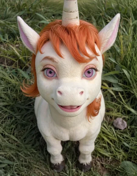 cinematic photo solo,uni-unicorn,uni,unicorn,grass,realistic fur,<lora:Uni:1>,uni-unicorn, unicorn, single horn, purple eyes, 1girl,((feral:1.7)),face focus,close view,photograph, film, professional, 4k, highly detailed,looking at viewer,cute,adorable,pretty,full-body,smiling,sitting,mouth closed,eyelashes