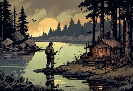 Man fishing by lake, comicish artwork in dgst artstyle, Cabin