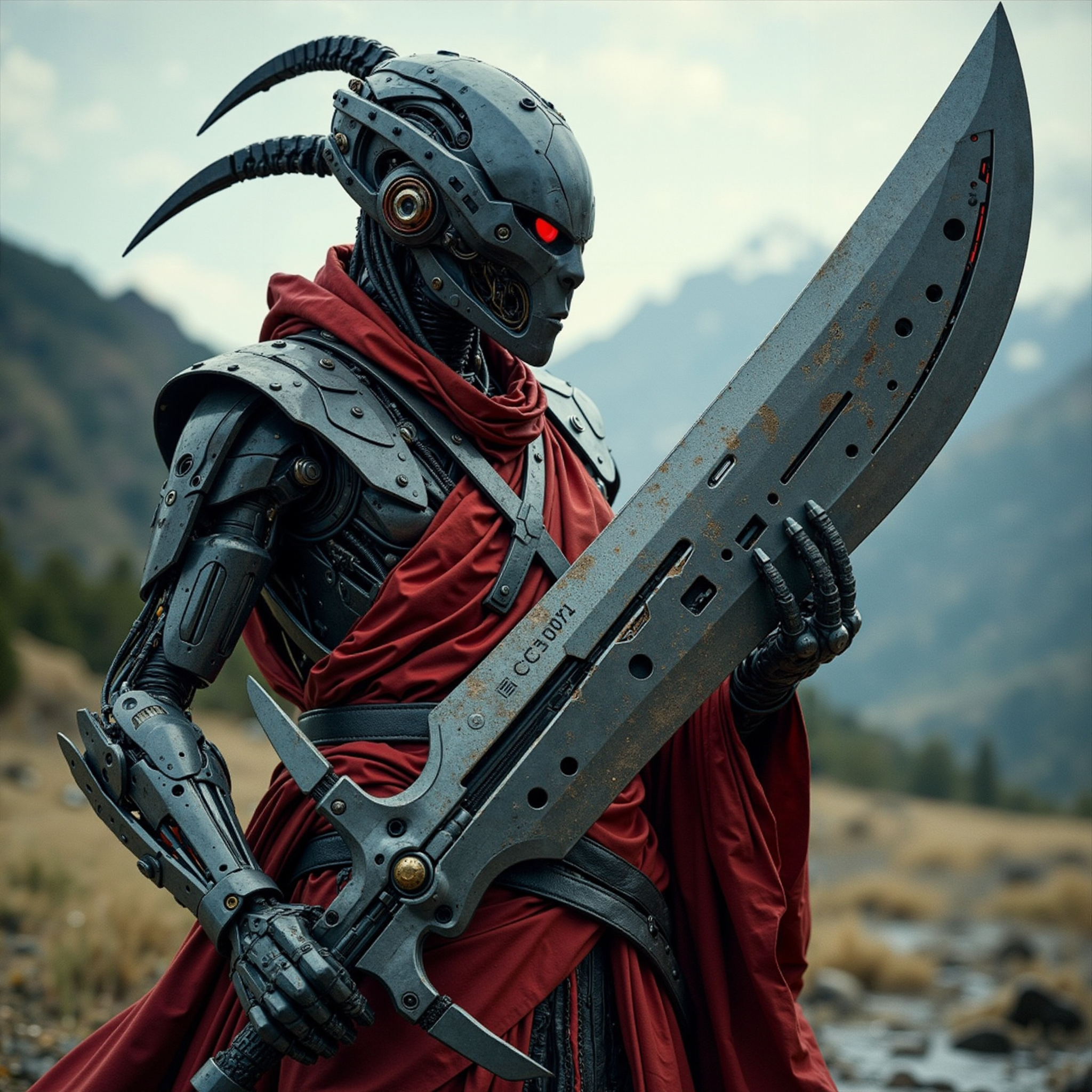 Tibet woman monk with (cyborg face parts:1.95),(cyborg cybernetic enhancements:2.7), holds it in two hands
 (two handed enormous oversized very big and very wide sci-fi cyberpunk
sword:3.5)  with mechanical parts, (action pose, action shot ), action camera effects, intricate detailed, 8k, UHD, epic quality,  profile picture, mechanical, style by Doug Aitken,, (by Tony Conrad:1.05)cyborg, half robot ultra realistic 8k resolution. <lora:Electaln-4:0.9> electaln
