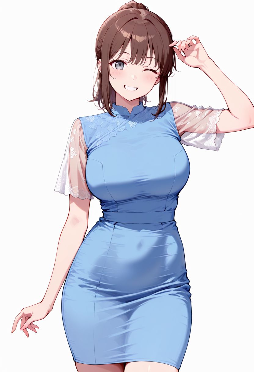 masterpiece, best quality, amazing quality, simple background,((outlined outlined vector graphics)),  simple background,  white background,
 ,  looking at viewer ,cowboy shot, front view ,  looking away 
1girl, 20yo, brown hair, gray eyes, (large breast:1.1), (ponytail:1.1), medium hair,(curvy:1.1),bangs , cute face, smile , grin , wink ,
pure-kyaba-dress, short sleeve dress ,blue dress, see-through sleeves, see-through dress <lora:pure-kyaba-dress-il-01:1.0>