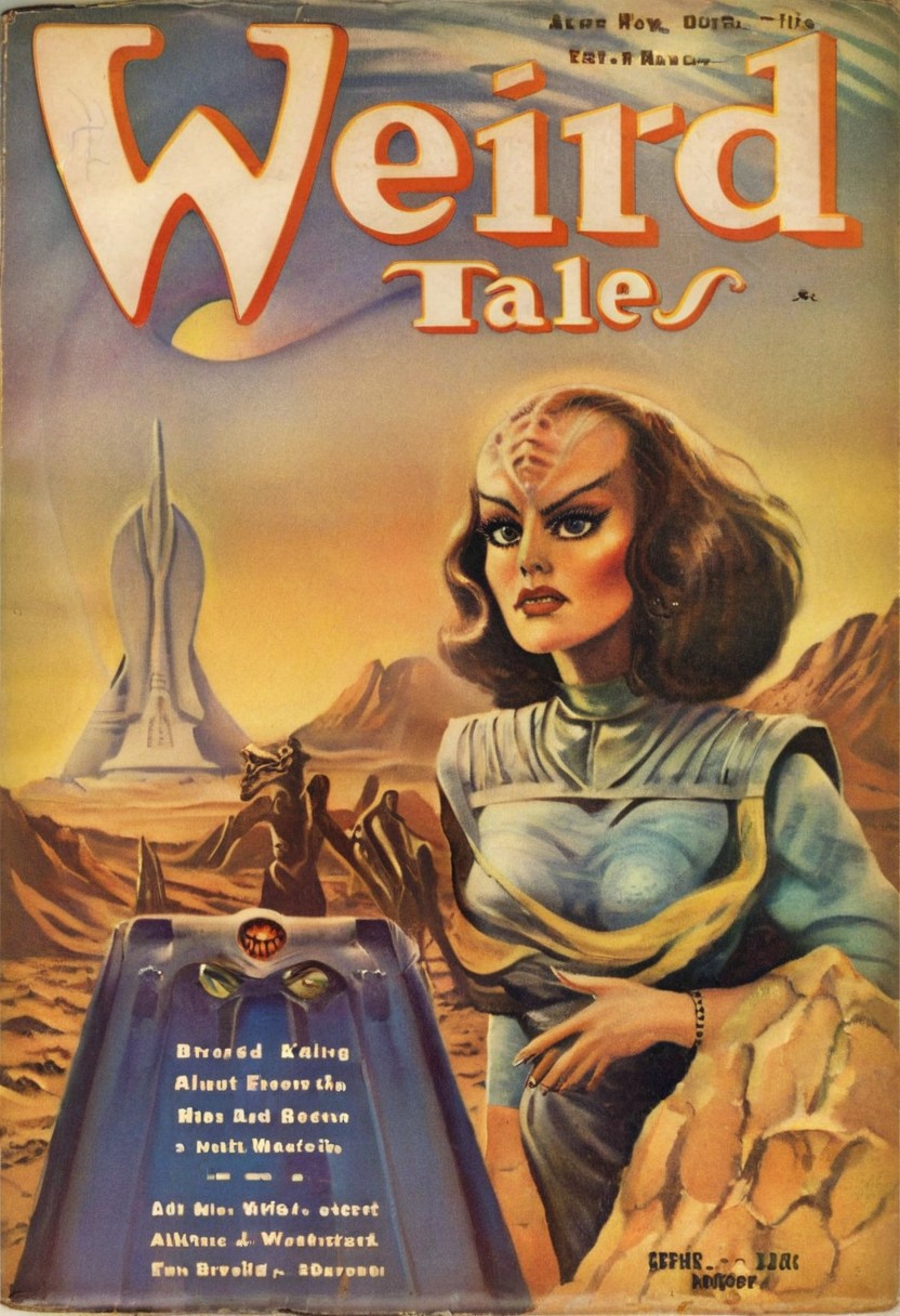 Weird Tales pulp magazine cover,
female kling0n alien, forehead ridges, brown skin, nose ridges, large eyebrows, standing on a desert planet with a retro futuristic city far in the background