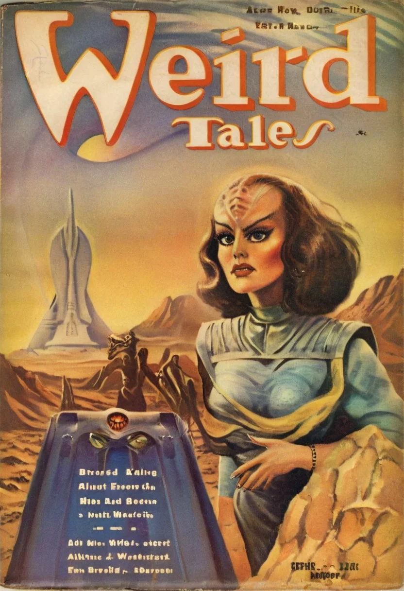 Weird Tales pulp magazine cover,
female kling0n alien, forehead ridges, brown skin, nose ridges, large eyebrows, standing on a desert planet with a retro futuristic city far in the background