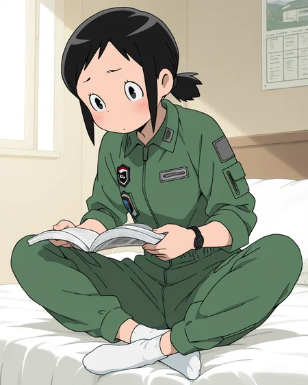 (masterpiece:1.4), (best quality:1.4),  very aesthetic, newest,best quality, amazing quality, absurdres,
amakasu_hisone, 1girl, solo,  blush, short hair, ponytail,  black hair,  black eyes, sidelocks,
military uniform,  jumpsuit,green pants,one wristwatch, 
no shoes,white socks,
 standing, full body, 
sitting on bed,military base,reading
crossed legs,spread legs
 <lora:hisone:1>